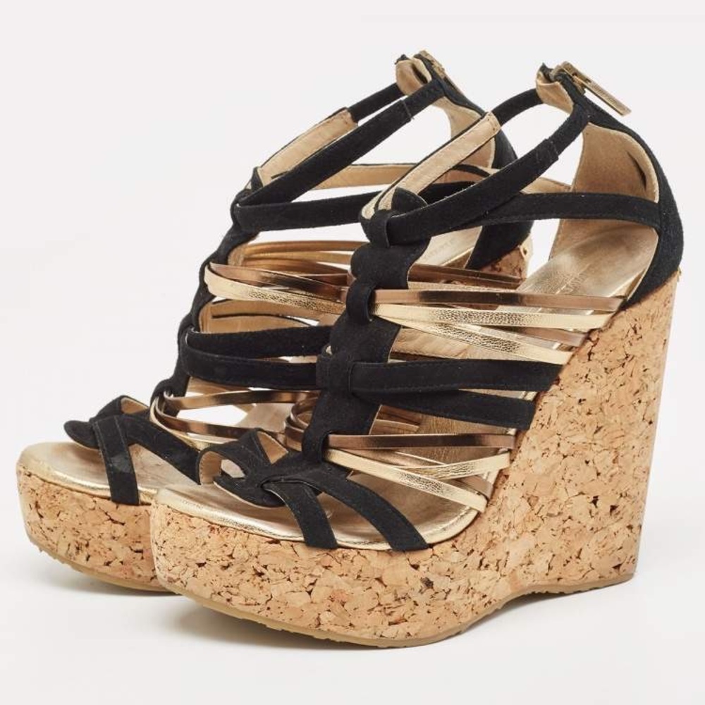 Jimmy Choo Black/Gold Suede and Leather Wedge Sandals Size 39.5